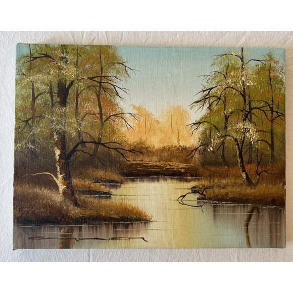 VTG Original Landscape Oil Painting Autumnal Trees Tranquil Stream Canvas 12 x 9 - Picture 9 of 10